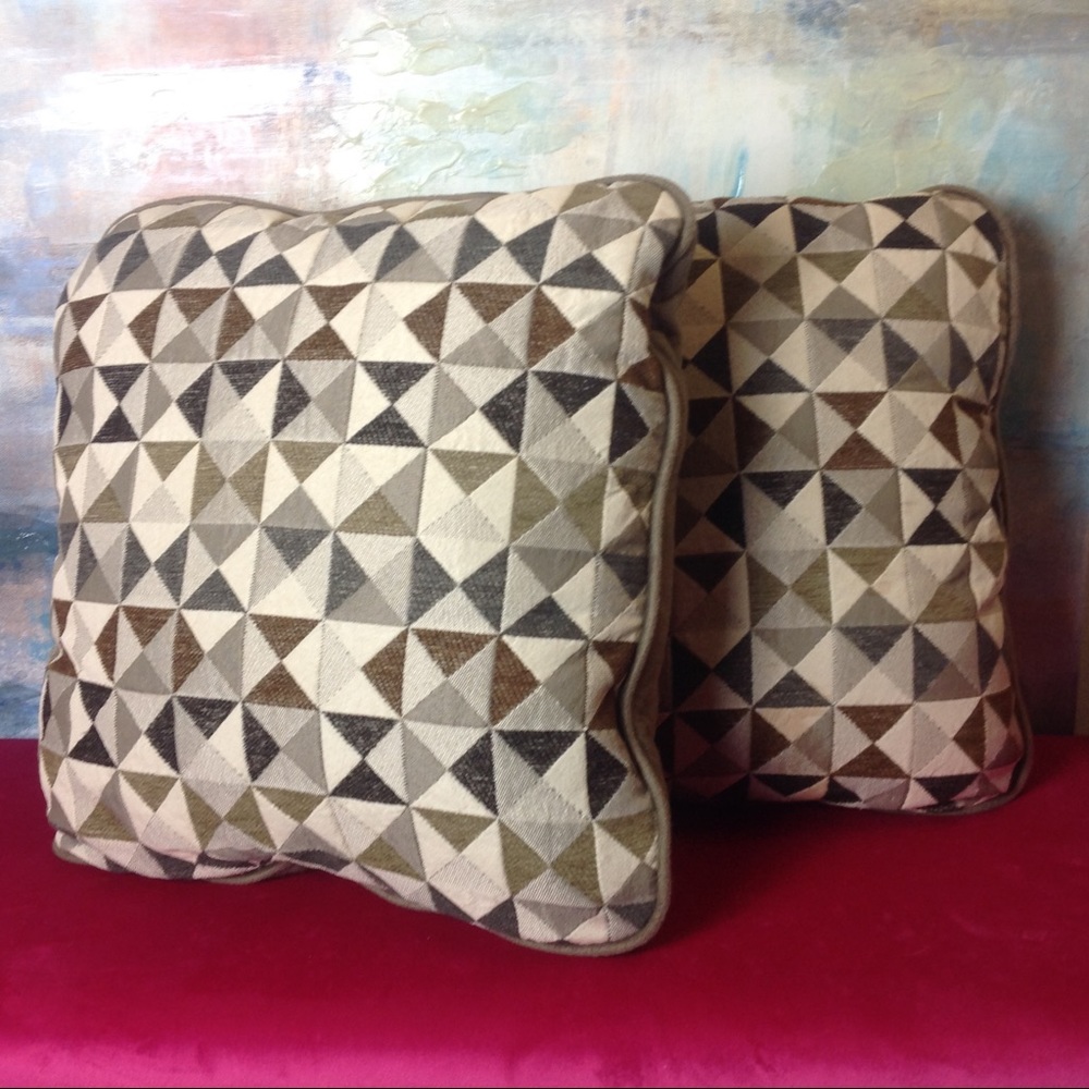 2 Brown geometric shaped pillows, 17 x 17